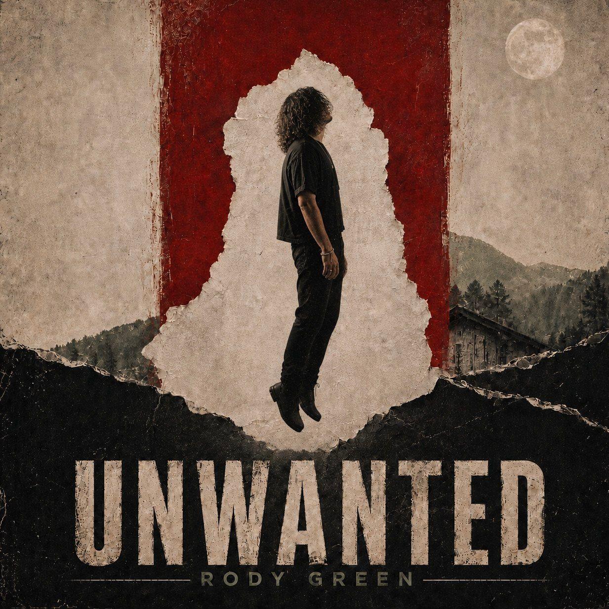Man with curly hair floating against a torn-paper collage background with mountains and a moon, featuring the title “UNWANTED” and the name Rody Green.